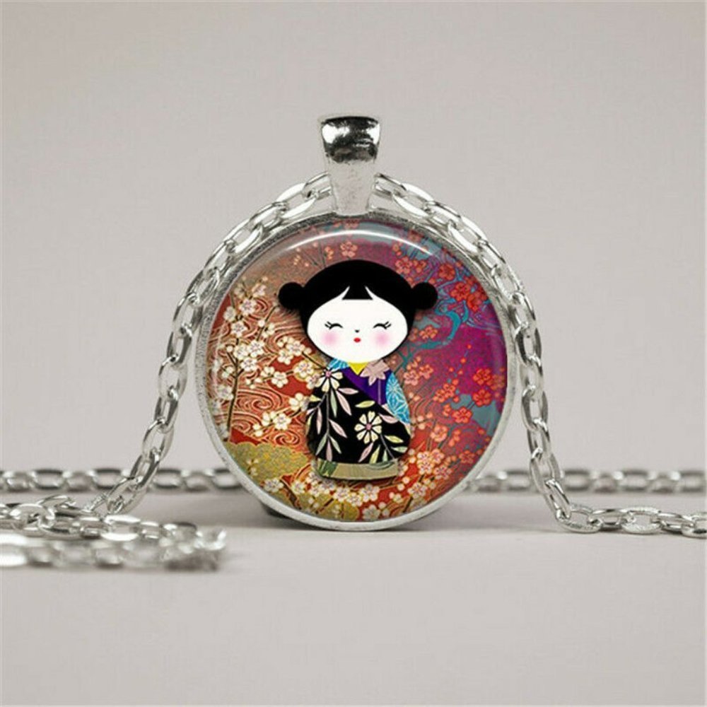 geisha doll Japan necklace cabochon dome kawaii item black or silver chain